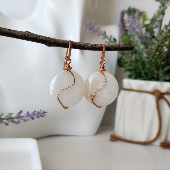 White Quartz Stone & Copper Wire Wrapped Earrings - Picture 6 of 8